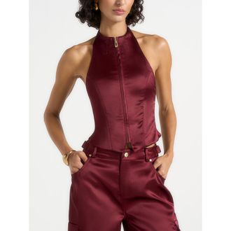 Mani&egrave;re De Voir Claudette Backless Satin Halter Top in Wine Red at Nordstrom, Size 12