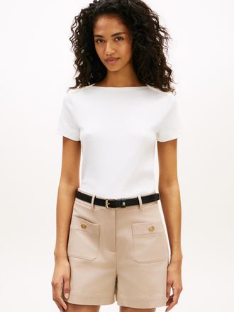 Tommy Hilfiger Kurzarmshirt TOMMY HILFIGER GOLD BUTTON SLIM SS TEE, Damen, Gr. L (42/44), ecru, Single Jersey, Obermaterial: 100% Baumwolle, unifarben, slim fit, Shi