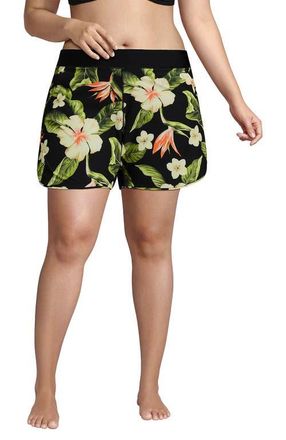Lands End SunShade UPF 50 5 Board Shorts in Hibiscus Floral/black at Nordstrom, Size 24W