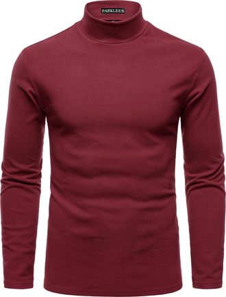 PARKLEES Mens Mock Turtleneck Jumper Slim Fit Long Sleeve Micro Fleece Sweater Stretch Thermal Base Pullover Wine Red Large
