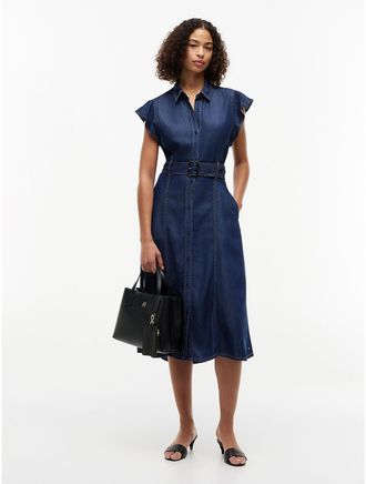 Tommy Hilfiger Womens Flutter-Sleeve Belted Denim Shirtdress - Indigo Wash - 10