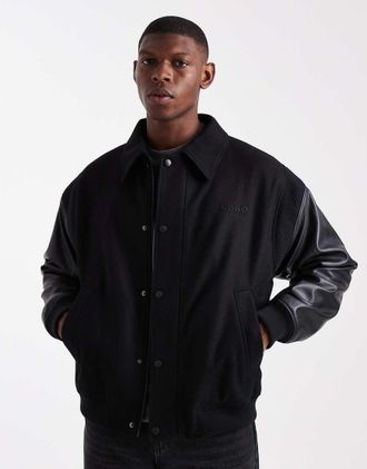 HUGO BOSS HUGO Red - Barkus - Giacca college nera in lana con maniche in pelle-Nero
