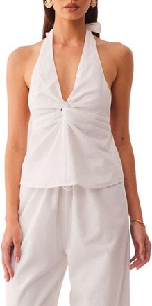 SNDYS Pascal Deep Halter Neck Cotton & Linen Blend Top in White at Nordstrom, Size X-Small