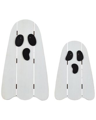 Glitzhome Handmade Set Of 2 Halloween Lighted Wooden White Ghost Porch D&eacute;cor With Timer