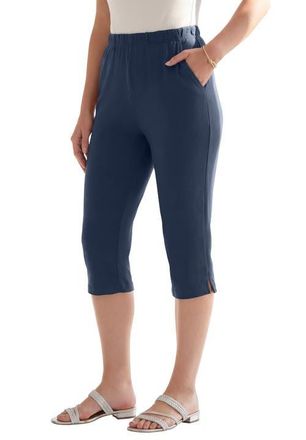 Roaman's Plus Size Soft Knit Relaxed Pull-On Capri Pant in Navy at Nordstrom, Size Medium