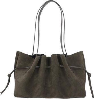 Yuzefi Draped Brown Suede Shoulder Bag With Scalloped Structure