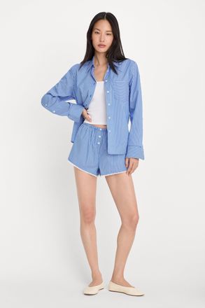 Good American Womens Poplin Pull On Boxer Shorts | Blue & White Stripe, Size Medium | Good American by Khlo&Egrave; Kardashian