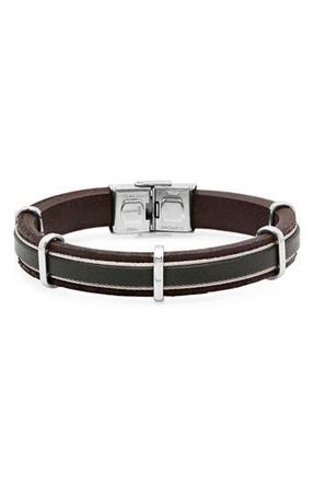 Steeltime Mens Leather & Stainless Steel Cable Bracelet in Black at Nordstrom Rack