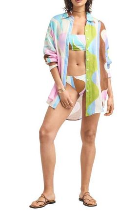 Vitamin A Playa Oversize Linen Cover-Up Shirt in Cak at Nordstrom, Size X-Small