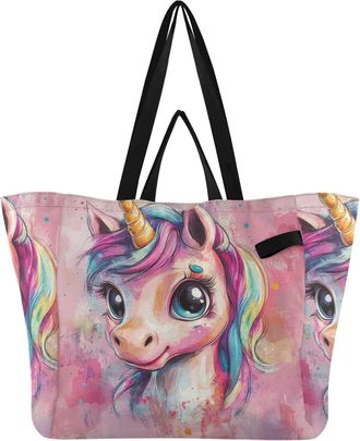 Generic Pink Unicorn pattern Reusable Canvas Tote Bag, Heavy Duty Grocery Shopping Bag with Large Capacity Hard Bottom Double Handles Work Groceries Travel