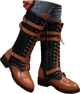 Generic Knee High Boots for Women 2025,Lace up Round Toe Chunky Heels Fashion Buckle Belt Combat Boots Denim Leather Side Zip Buckles Fall Winter Boot