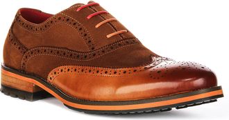 Justinreess England Noble Mens Nubuck Leather Shoes, Soft Brogue Design with Elegant Two Tone Finish (Brown, UK 11)