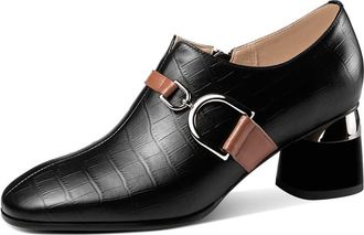 TinaCus Womens Round Toe Genuine Leather Handmade Buckle Belt Side Zip Up Chunky Heels Stylish Pumps Shoes, Black, 2.5 UK