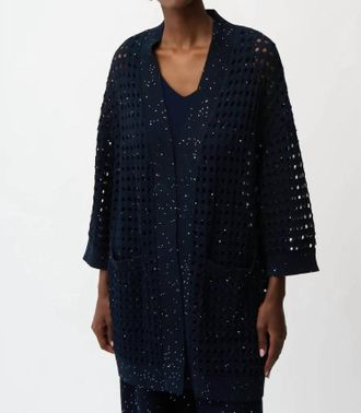 Joseph Ribkoff Sequined Open Front 3/4 Sleeves Cardigan In Midnight Blue