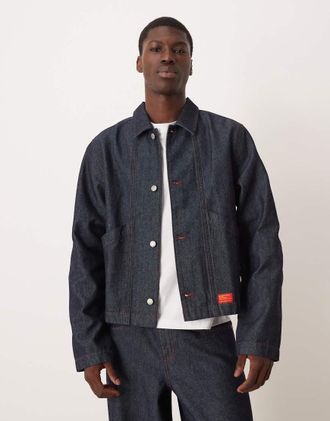 Asos Giacca harrington in denim lavaggio rinse wash scuro con cuciture rosse in coordinato-Blu
