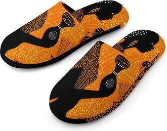 Generic African Woman Traditional Pattern Warm Mens Slippers Slip On Soft Fleece House Shoes Winter Indoor Outdoor