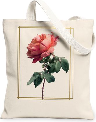 Generic Floral Canvas Tote Bags, Elegant Rose Pattern Reusable Grocery Bags, Spring Vintage Lightweight Washable Shoulder Strap Can, Beige, 13x15 Inch