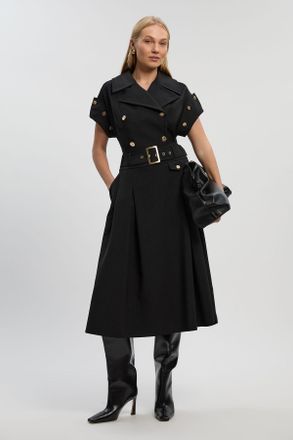 Karen Millen Womens Petite Polished Tailored Button Detail Pleated Midi Dress - Black - Size 12 UK