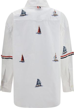 Thom Browne Womens Oversized Sailboat-Embroidered Shirt White Cotton