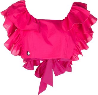 Philipp Plein Volant ruffled cropped top - women - Cotton - S - Pink