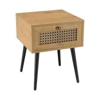 Macabane Mesa de noche marr&oacute;n con 1 caj&oacute;n efecto rejilla y patas de metal negro