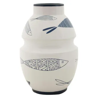 Dmora Vaso Aurel, Dise&ntilde;o Con Peces, Estructura Azul, Di&aacute;metro 6 Cm, Blanco