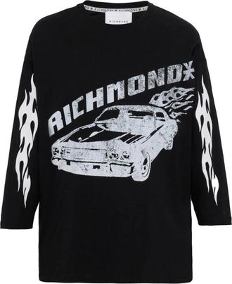 John Richmond Oversized zwart T-shirt met auto- en vlammenprint - Heren - Longsleeves - Zwart - M - Katoen - Tops