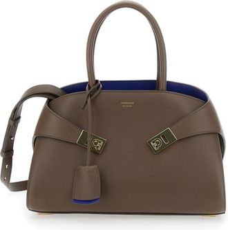 Ferragamo hug S Brown Handbag With Logo And Gancini Buckle In Leather