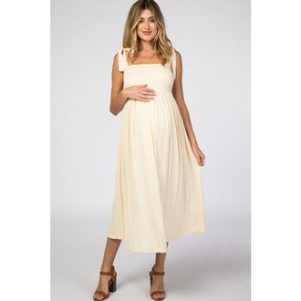 Pinkblush Smocked Tie Strap Midi Dress in Beige at Nordstrom, Size X-Large