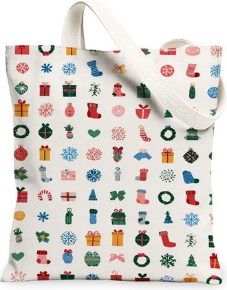 Generic Christmas Canvas Tote Bags, Festive Pattern Reusable Grocery Bags, Lightweight Washable Shoulder Strap Canvas for Beach Pic, White, 13x15 Inch