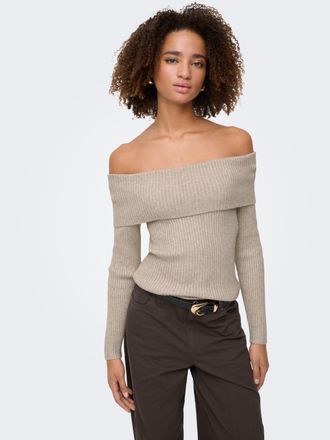 Only Strickpullover ONLY ONLKATIA LIFE LS OFF SHOULDER KNT NOOS, Damen, Gr. XL (42), braun (mocha meringue detail:melange), Strick, Obermaterial: 50% Visko