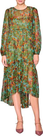 Melloday Tiered High-Low Long Sleeve Dress in Green Multi at Nordstrom Rack, Size X-Small