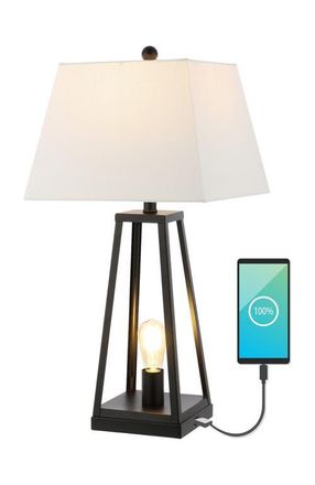 Jonathan Y Designs Waylon 28.5 Classic Industrial Iron Nightlight LED Table Lamp with USB Charging Port, Black at Nordstrom