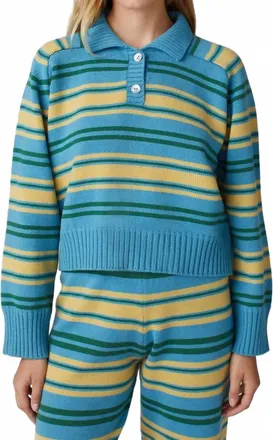 Calle Del Mar Paper Stripe Cashmere Polo Sweater In Lake/multi