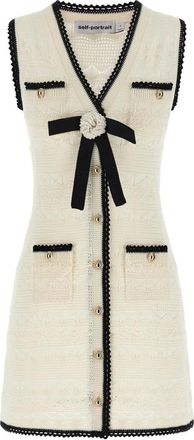 Self Portrait Pointelle Knit Mini Dress - Dames - Kleedjes - Beige - L - Katoen - Kleedjes