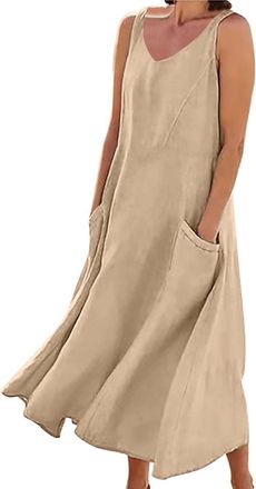 Generic Summer Linen Dress for Women 2026 Trendy Sleeveless Cotton Boho Maxi Dresses Loose Flowy Comfy Beach Dress with Pockets