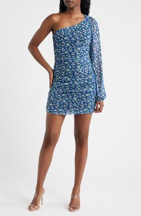 Jump Apparel Print Mesh Shirred One-Shoulder Dress in Navy at Nordstrom, Size X-Large