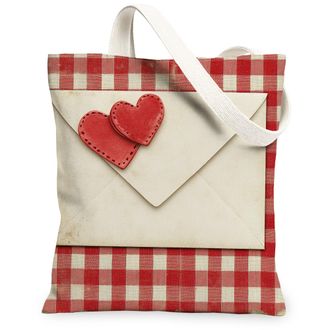 Generic Valentines Day Gingham Canvas Tote Bags, Heart Pattern Reusable Grocery Bags, Rustic Vintage Lightweight Washable Shoulder Strap Canvas 13x15 Inch