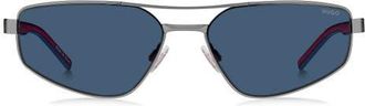 HUGO BOSS 58mm Rectangular Geometric Sunglasses in Matte Ruthenium/Blue at Nordstrom