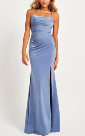 Faviana Matte Satin Maxi Dress With Gathered Side And Lace-Up Back In Slate