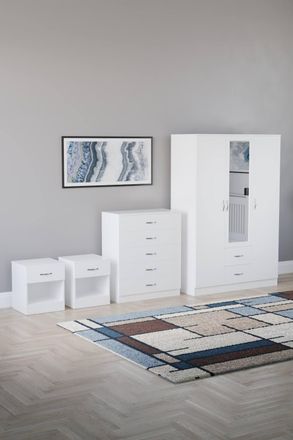 Home Discount Vida Designs 4Pc Bedroom Set 2xBedside, 5Drawer Chest, Mirror Wardrobe in White