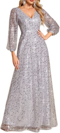 Ever-pretty Womens Sequin A-Line V Neck Long Sheer Sleeves Tulle Evening Prom Dresses Silver 22UK