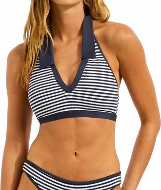 Seafolly Clubhouse Halter With Collar Bikini Top In True Navy