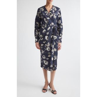 Max Mara Floral Print Long Sleeve Cotton Wrap Dress in Ultramarine at Nordstrom, Size 10