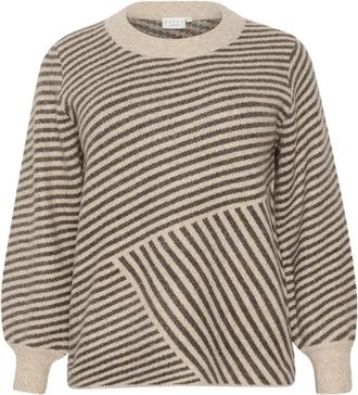 Kaffe Curve Zachte Gebreide Trui met Pofmouwen - Dames - Ronde hals truien - Beige - S - Wol - Truien & Vesten