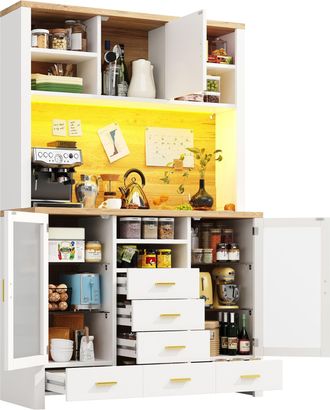 STILVORA Aparador De Cocina Con 4 Puertas, 6 Cajones Y Led, En Mdf Y Vidrio, Blanco Y Decoraci&oacute;n Madera, 120&times;40&times;180 Cm