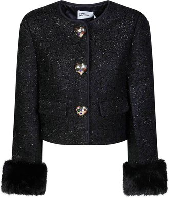 Self Portrait Black Metallic Boucle Fur Cuff Cropped Leather Jacket