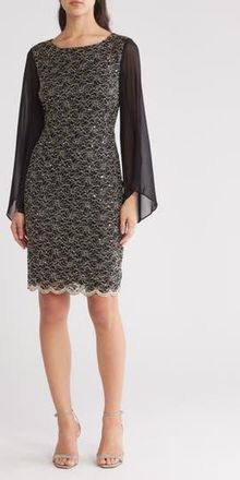 Connected Cape Sleeve Lace Shift Dress in Gold at Nordstrom Rack, Size 16