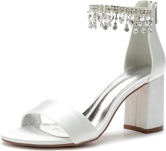 Generic Wedding Shoes Bridal Block Heel Wedding Sandals Satin Prom Party Dress Pumps Open Toe Bridal Shoes Wedding Heels 8Cm,Ivory,10 UK