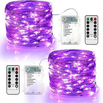 OEM Juego De 2 Guirnaldas De Luces Led A Pilas, 10 M, 100 Led, Con Mando A Distancia, 8 Modos De Iluminaci&oacute;n, Resistente Al Agua Ip20, Morado Oscuro